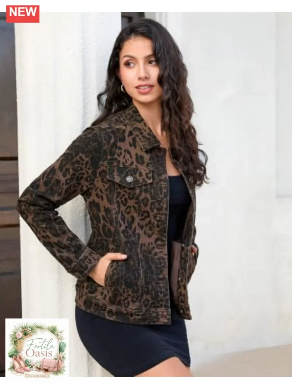 Women's Leopard Print Denim Jacket Stretch Casual Jean Jacket
